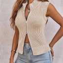 Saodimallsu Womens Zip Up Sweater Vest Sleeveless Ribbed Knit V Neck Collared Striped Tank Tops (Beige)