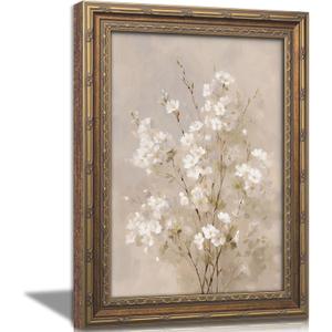 Vintage Gold Framed Floral Canvas Wall Art, Soft White Blossom Botanical Oil Painting Print, Retro Neutral Floral Wall Decor, Rustic Farmhouse Poster Artwork for Living Room Bedroom Bathroom, 16x24in