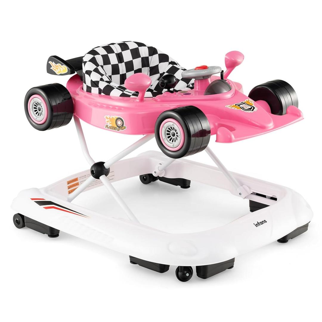 INFANS Foldable Baby Walker, 3 in 1 Toddler Activity Center Leaning-Seated Walk-Behind with Steering Wheel, Adjustable Height, Lights, Music, Washable Seat Cushion (Pink)