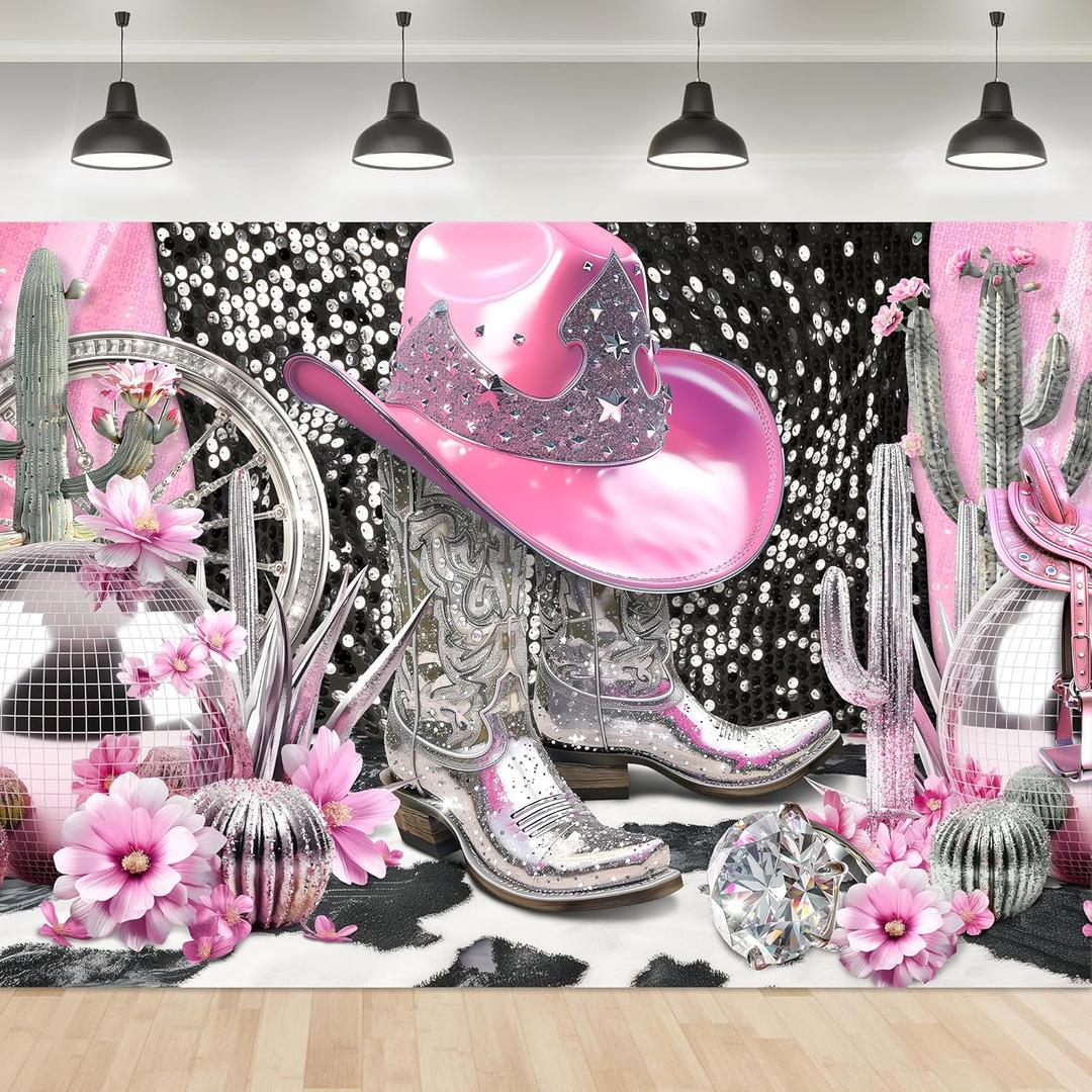 Cowgirl Backdrop Disco Let's Go Girl Birthday Western Pink Sliver Cool Girly Boots Retro Vintage Glitter Diomand 7Wx5H Feet Fabric Polyester Photography Background Banner Photo Shoot Decor Prop