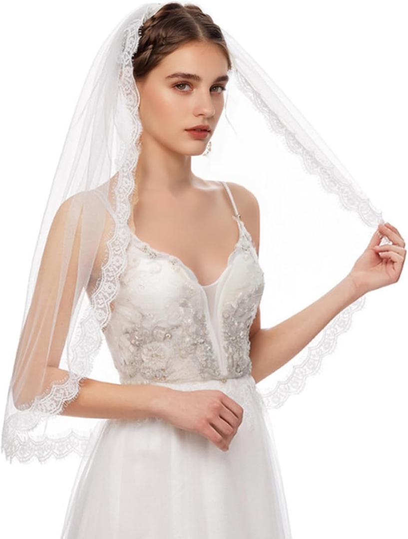 Cobirfam Bridal Veil Lace Edge 1 Tier Fingertip Length Wedding Veil with Comb for Brides (Off-white-29in)