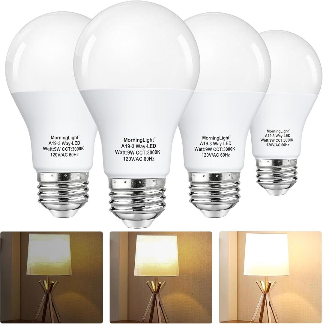 MorningLight 4 Pack 3-Way LED Light Bulbs 15 40 60Watt Equivalent Soft White 3000K, E26 Base, 9W A19 Three Way Light Bulbs for for 3-Way Lamp Socket, 250/550/800 Lumens