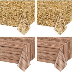2Pcs Straw Tablecloths and 2Pcs Wood Grain Tablecloths Rectangular Straw Wood Grain Table Decorations for Farm Party Cowboy Western Theme Party Supplies, 51 x 86 inch