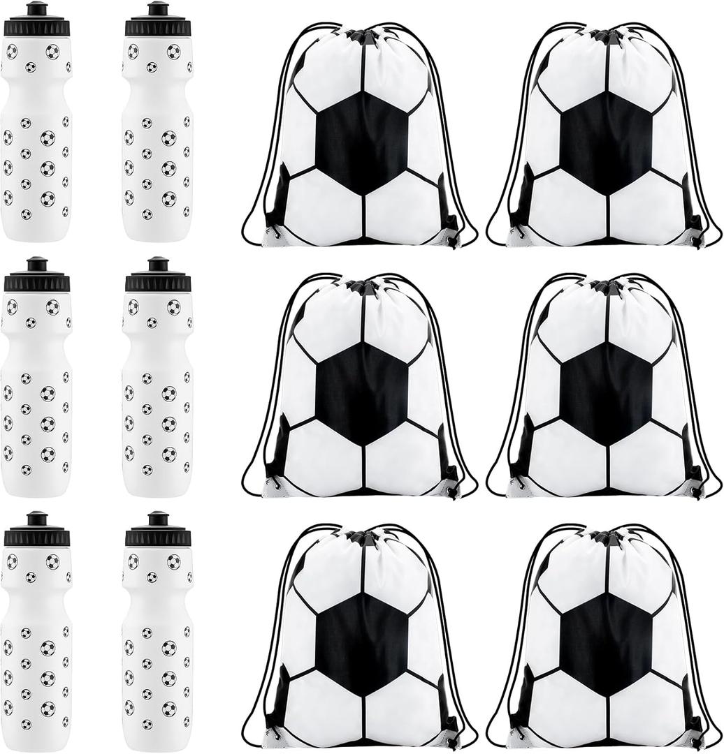 Talltalk 12 Pcs Soccer Party Favors 24 oz Soccer Water Bottle Gift for Team with Drawstring Bag Tumbler Cup Sports Themed Accessories for Events Gift Supplies