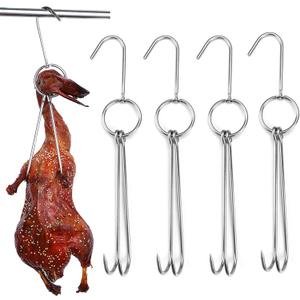 NUOMI 4 Pcs Stainless Steel Meat Hooks with Double Hook Poultry Roast Duck Bacon Hanging Hook Grill Hanger for Drying, Cooking, BBQ, M-11.5 ,Cooking Utensils, Namely, Grills