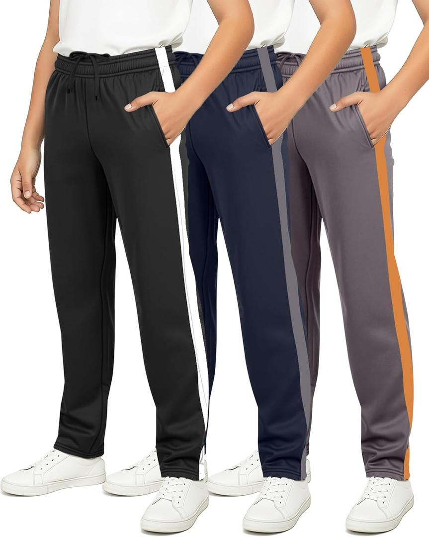 Real Essentials 3 Pack: Boys' Tricot Open Bottom Sweatpants - Athletic Running Pants with Pockets for Kids Teens Youth (Small, Set 6)