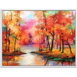 Colorful Autumn Trees By The Lake In Autumn - Modern Framed Canvas Wall Art Print, 32x24, Orange (32L" x 24W")