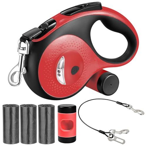 26Ft Retractable Dog Leash for Dog Up to 110lbs, Tangle Free Walking Leash, Heavy Duty Nylon Tape with Chew Proof Cable | LED Light | Dispenser | Poop Bags, Quick Lock Braking & Non-Slip Handle (Red)