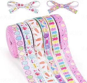 Happy Easter Ribbon 6 Rolls Easter Ribbons 3/8 Inch 30 Yards Easter Eggs Bunny Carrot Flower Polka Dots Colorful Ribbons Spring Satin Ribbons for Gift Wrapping DIY Crafts Hair Bows Party Decor
