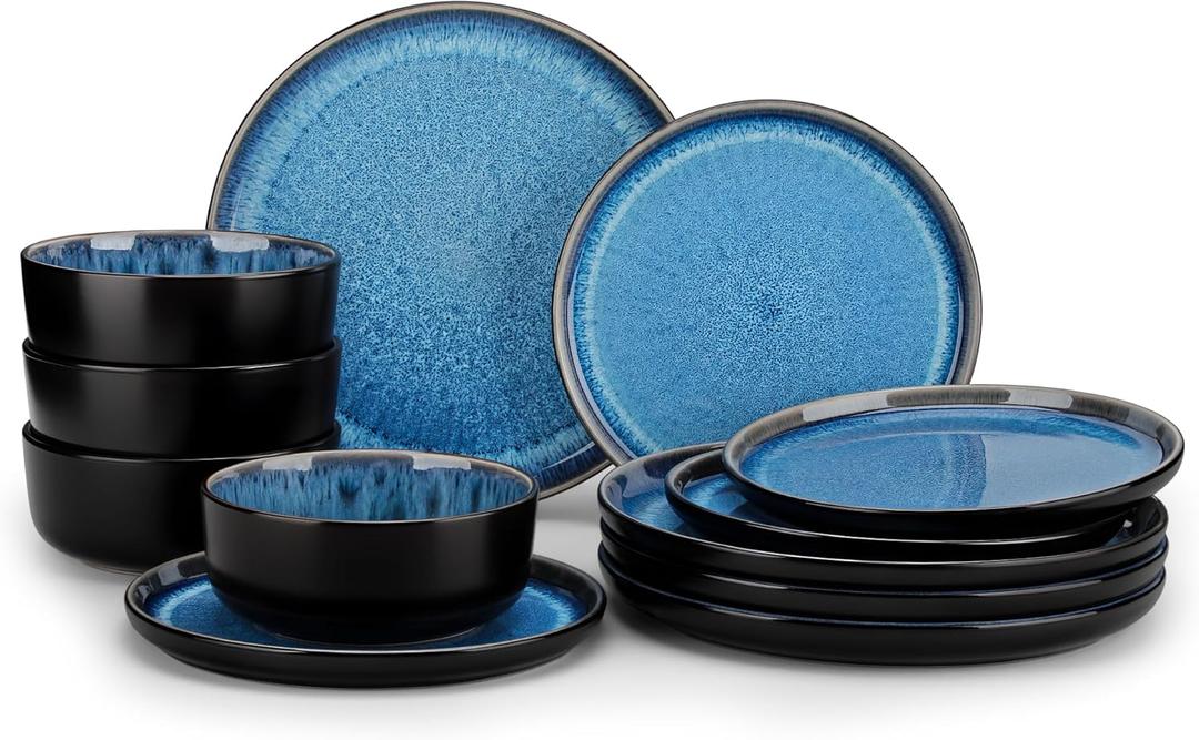 Vancasso PLAYA Plates and Bowls Sets, 12 Pieces Blue Dinnerware Sets for Kitchen, Reactive Glaze Dishes Set for 4, Dishwasher and Microwave Safe