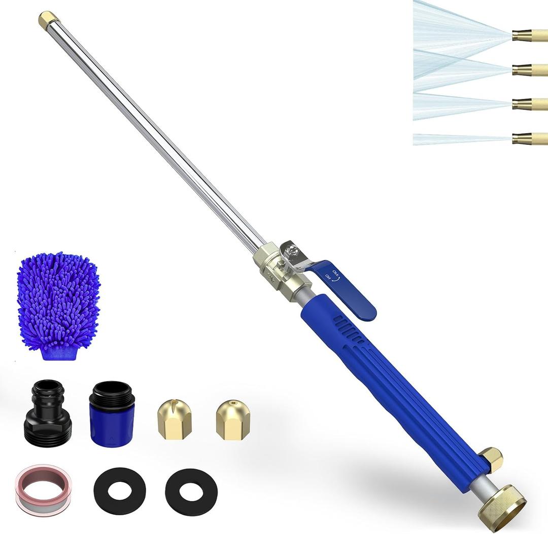 Buyplus Jet Nozzle High Pressure Hose Nozzle, 2-in-1 High Pressure Power Washer for House, Jet Nozzle for Garden Hose Power Washer Wand with 3 Different Tips, Quick Connectors and Gloves, 18 Inch Blue