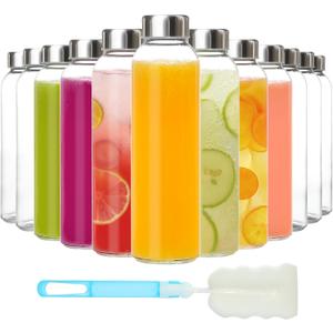 KEYWING 12Pack Glass Juice Bottles with Lids, 18oz Clear Juicing Bottle with Reusable Glass, Leak Proof Water Bottles with Airtight Stainless Steel Cap for Juice, Coffee, Beverage, Smoothies, Tea