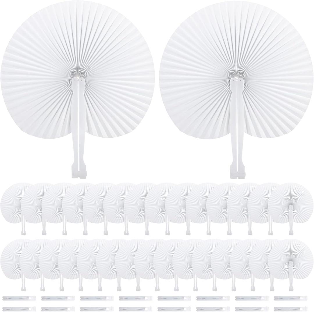 Coloch 48 Pack Folding Paper Hand Fans with Plastic Handle, Plain White Round Party Fans Pocket Fan for Wedding, Party Favor, Celebration, Home Decoration