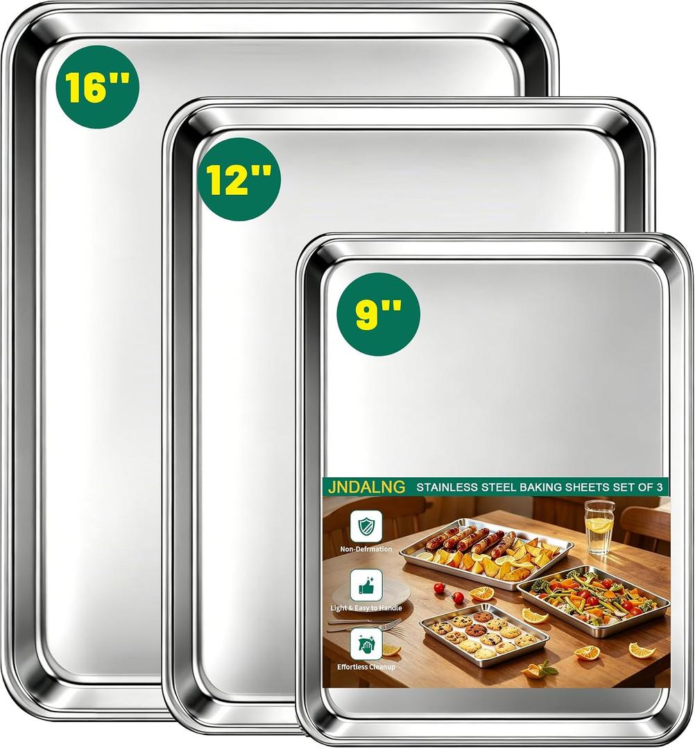 Stainless Steel Cookie Sheets for Baking Set of 3, Stainless Steel Baking Sheet, 9.3/12.5/16 Inch Sheet Pans, Non Stick, BPA Free, Dishwasher Safe, Durable and Easy Clean (Set of 3-9,12,16)