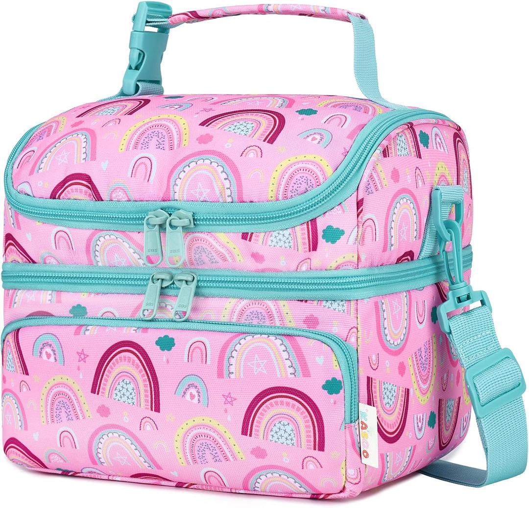 Kasqo Lunch Bag Kids, Dual Compartment Insulated Cooler Bag Girls Boys Toddler Lunch Box Containers for Daycare School Kindergarten Travel Pink Rainbow