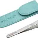 AUSOMTEK Beard & Hair Plucking Tweezers, Fine Eyebrow Tool, Stainless Steel, 10mm Tip, Anti-Slip Slot Design, Cyan PU Case