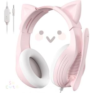 Gaming Headset with Microphone for PS4 Xbox One PS5 Controller, Over Ear Wired Headphones with Mic for PC Computer Mac Laptop and Consoles (Light Pink)