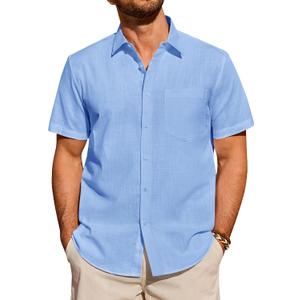 Alimens & Gentle Mens Short Sleeve Cotton Linen Texture Shirt Casual Untucked Button Down Lightweight Shirts Summer Beach (Blue, M)