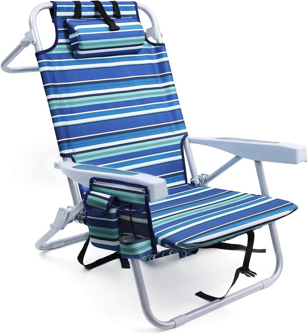 Beach Chairs for Adults Heavy Duty, Compact Portable Lay Flat Folding Chair with Backpack Straps and Large Cooler Pouch, Support to 350LBS (Stripes_Blue&Cyan)