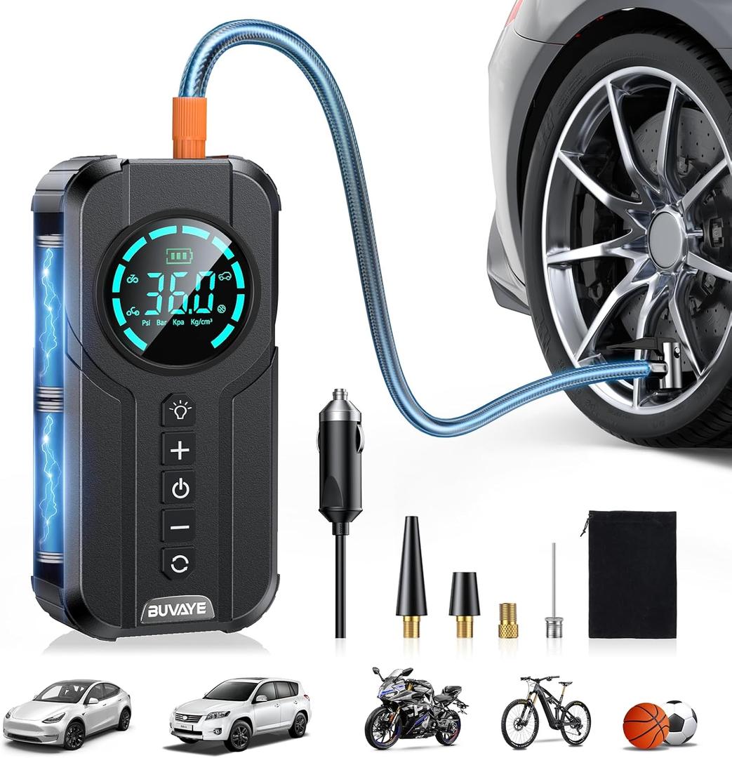Portable Air Compressor with Pressure Gauge, 12V DC/AC Cordless Air Pump, 2x Faster Inflation, 150PSI Smart Electric Tire Inflator for Car Tires, Motorcycle, Bicycle, Balls