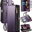 Defencase Compatible with iPhone 16 Case Wallet with RFID Blocking Card Holder for Women and Men, Fashion PU Leather Magnetic Snap Flip Zipper Strap Wallet Phone Case for iPhone 16 6.1", Purple