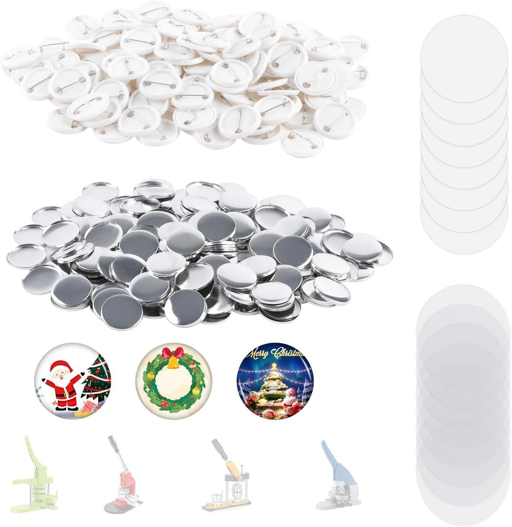 500 Sets 32mm/1.25 Inch Button Making Supplies - Round Badge Parts for Button Maker Machine Including Plastic Pin Back Cover, Metal Covers, Blank Paper and Clear Plastic Film