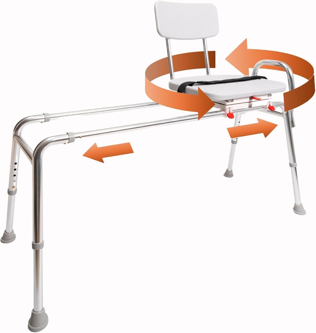 Eagle Health Supplies Sliding Shower Chair Tub Transfer Bench with Swivel Seat, FSA/HSA Eligible, Height Adjustable Shower Benches for Inside Shower, for Elderly and Disabled, Extra Long, 77692