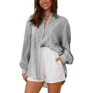 BWQ Women's Striped Button Down Shirts with Pocket Casual Collar Long Sleeve Stylish Boyfriends Blouse Tops (Black, Size S)
