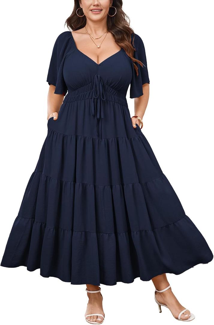 CICIDUDU Plus Size Casual Summer Boho Maxi Dress for Curvy Women Short Sleeve Tiered Flowy A-line Long Dress with Pockets (XL)