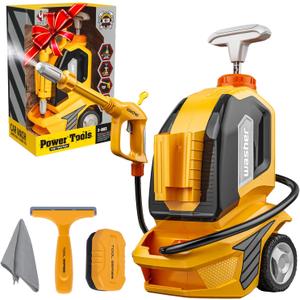 Kids Clean Car Wash Toy - Kids Power Washer with Scraper Sponge Towel, Manual Pressure, Adjustable Water Gun Spray, Pretend Play Tools Role Playing Cleaning Toys Gift for Toddler Boys Girls Ages 3+