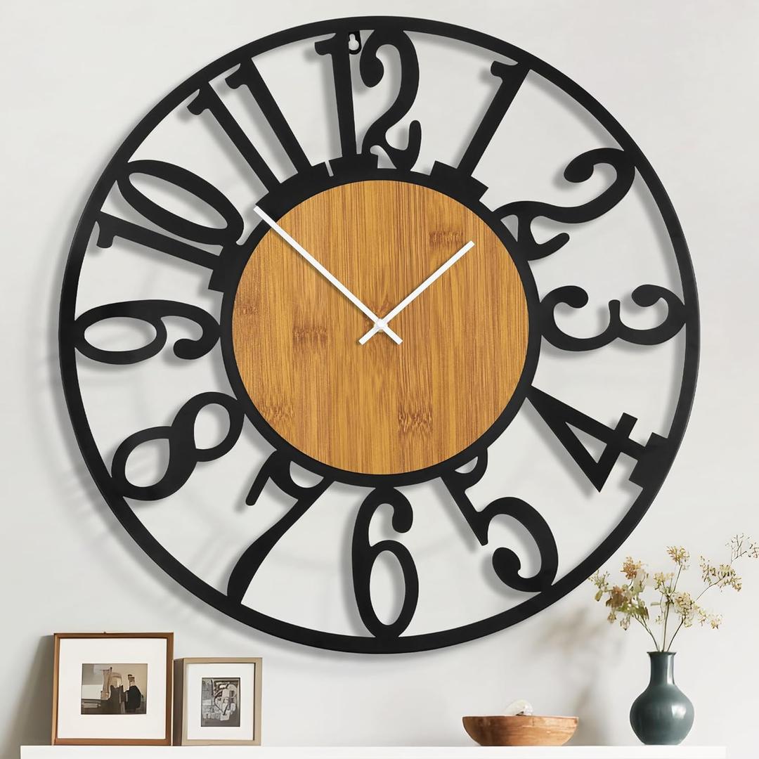 30" Extra Large Wall Clock, Silent Rustic Metal Wood Face Decorative Clock, Battery Operated Farmhouse Modern Oversized Wall Clocks for Living Room, Bedroom, Kitchen, Office, Home Decor (Light Brown - Arabic Numbers)