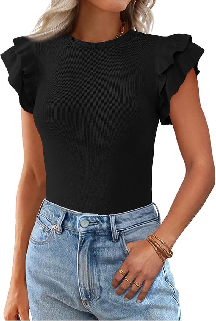 KIRUNDO Summer Sweaters for Women Lightweight 2025 Fall Ruffle Short Sleeve Business Casual Tops Slim Soft Knit T Shirts (Black, S)