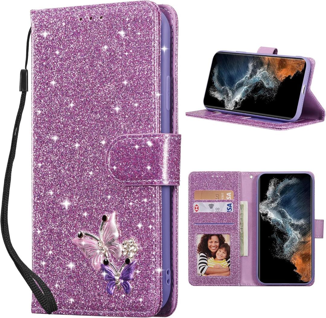 UEEBAI Wallet Case for Samsung Galaxy S24/S25 5G, Glitter PU Leather Phone Case Card Slots Kickstand Case Magnetic Closure Bling Flip Case Shockproof Hand Strap Flip Cover - Glitter Purple