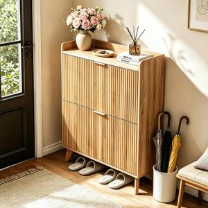 Fluted Shoe Cabinet Storage with 2 Flip Drawers, Wood Narrow Hidden Shoe Organizer with Adjustable Shelf for Entryway, Freestanding Slim Shoe Rack for Hallway Living Room, Saving Space, Oak, 2drawers