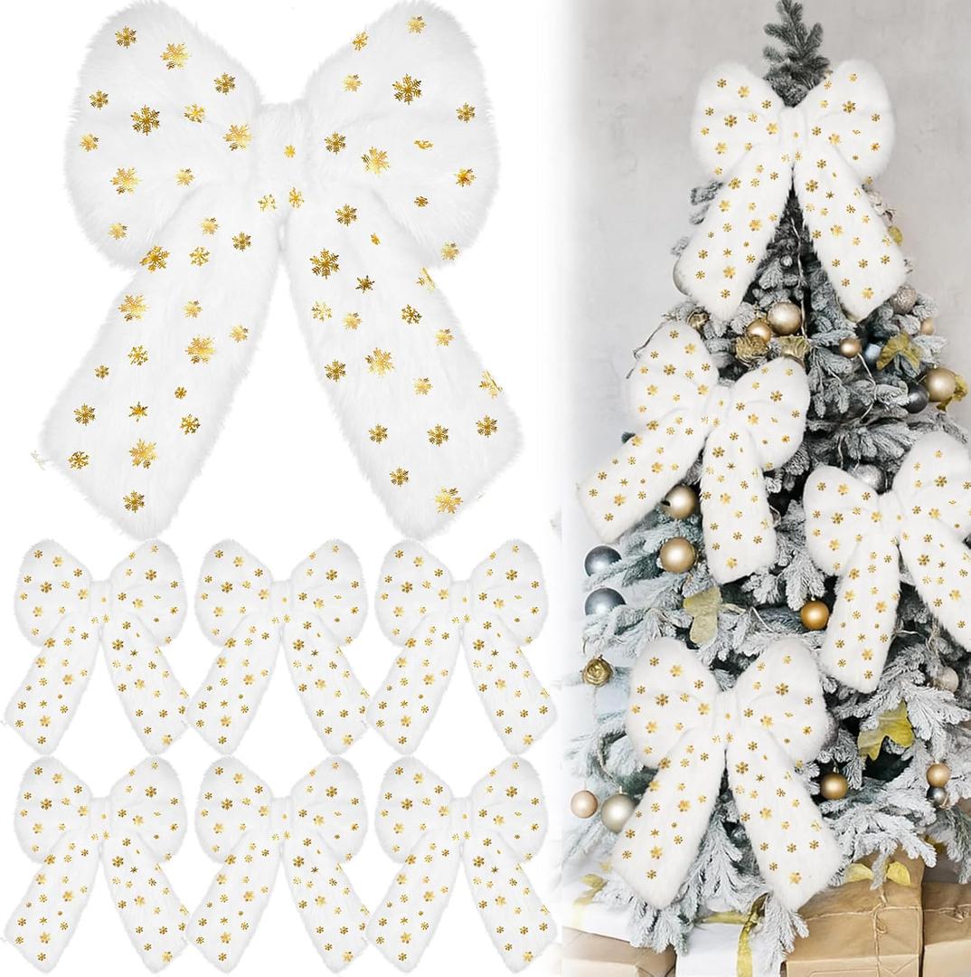 Janinka 6 Pcs Large White Christmas Bow Ornaments with Gold Snowflake Decor 13.4x9.1 Inch Big Plush Faux Fur Bow Decorations Furry Xmas Tree Topper for Wreath Door Window Fireplace Staircase Decor