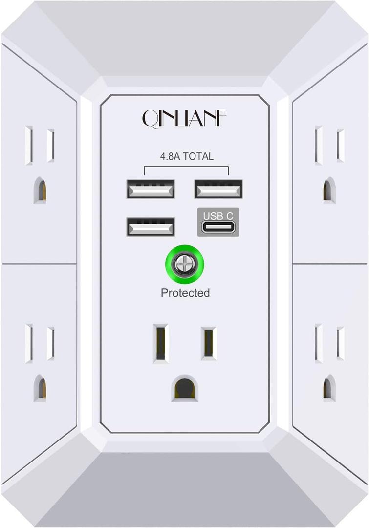 Wall Charger, Surge Protector, QINLIANF 5 Outlet Extender with 4 USB Charging Ports (4.8A Total) 3-Sided 1680J Power Strip Multi Plug Adapter Spaced for Home Travel Office (3U1C) (White)