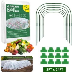 Garden Mesh Netting Kit - 8x24 Ft Ultra Fine Mesh Netting with 6 Sets Garden Hoops & 12 Clips, Bird Protection for Fruit, Vegetable, Flowers & Animals, Greenhouse Cover