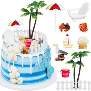 12 Pcs Hawaiian Beach Cake Decoration Summer Beach Chair and Umbrella Cake Toppers Green Palm Tree Toppers for Hawaiian Theme Birthday Wedding Party Baby Shower Party Decoration Supplies