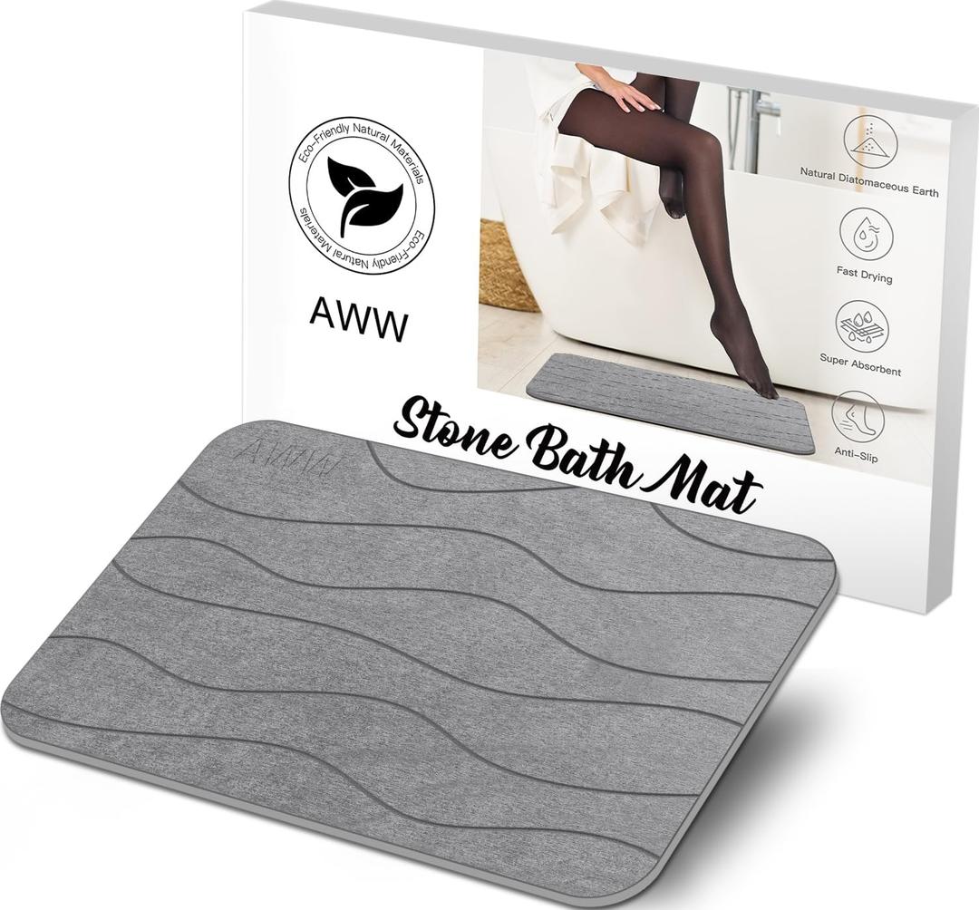 AWW Stone Bath Mat Large, Non-Slip Diatomite Stone Bath Mat, Quick Drying Bath Mat Stone Absorbing, Super Absorbent Diatomaceous Earth Bath Mat for Bathroom Kitchen, Easy to Clean 23.62x15.47, Gray