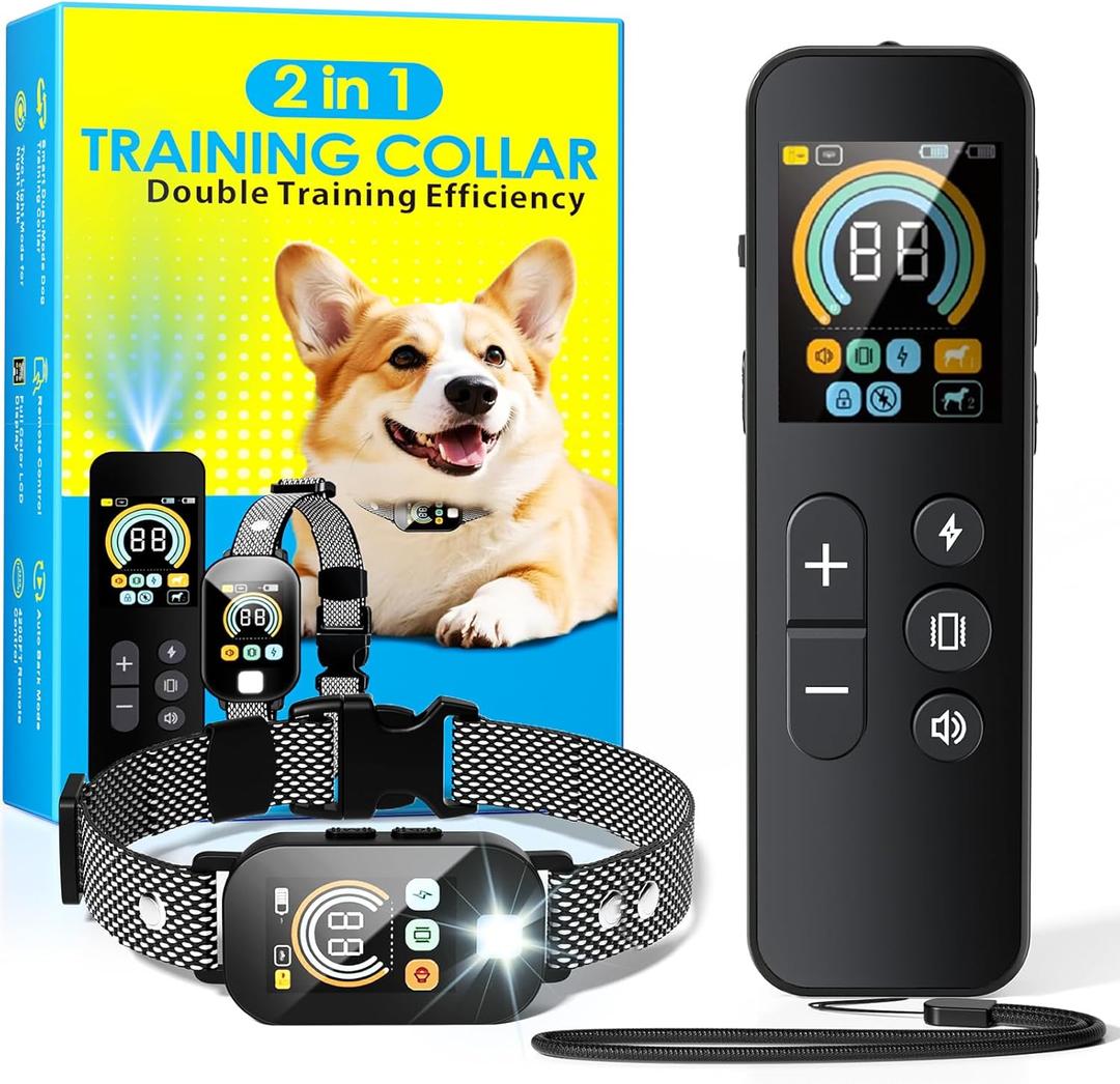 2 in 1 Dog Shock Collar & Dog Bark Collar, 4200 FT Dog Training Collar with Remote,3 Training Modes & Light for Night Walks,IP67 Waterproof Smart Anti Barking E-Collar with Adjustable Sensitivity