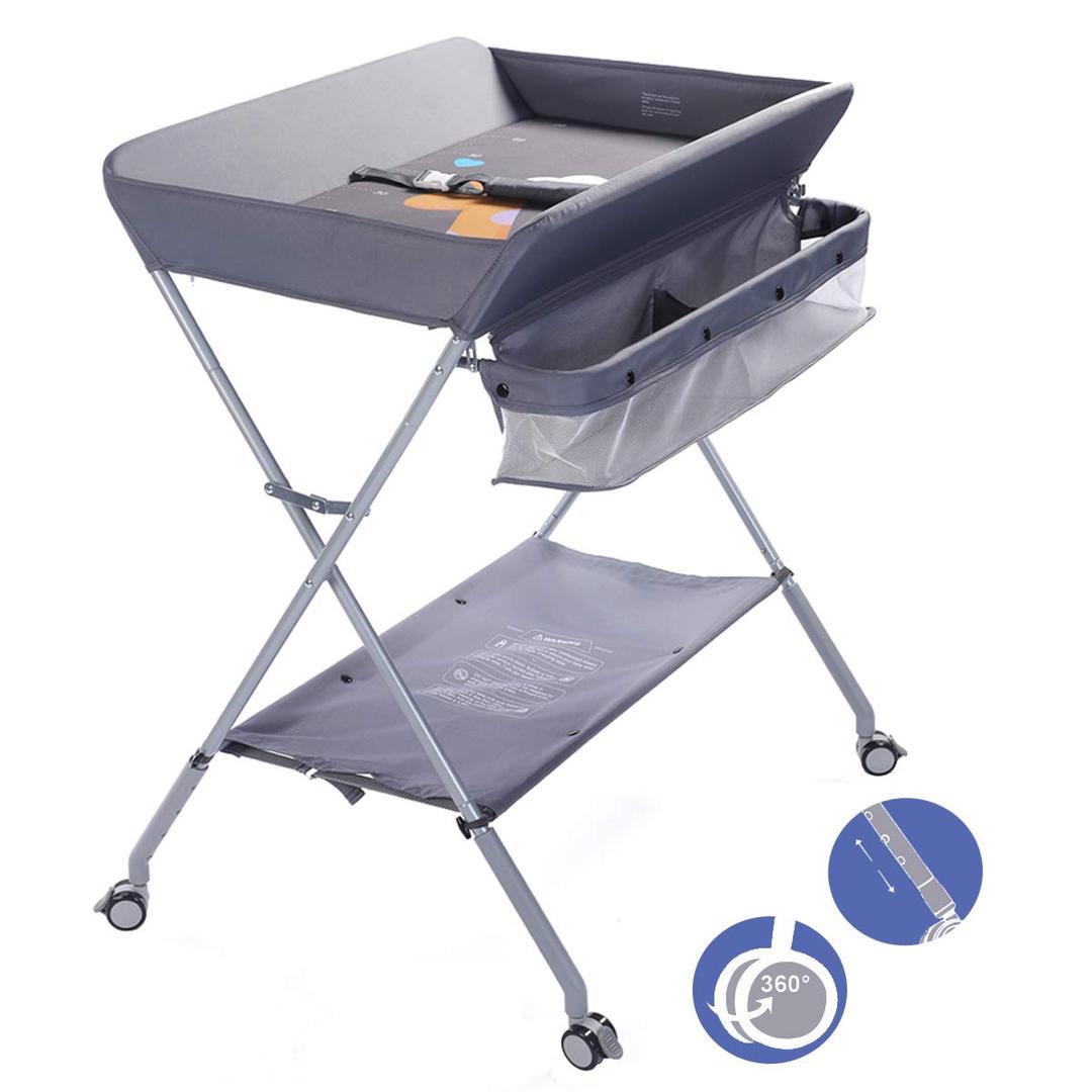 EGREE Baby Changing Table Portable Folding Diaper Changing Station with Wheels, Adjustable Height Mobile Nursery Organizer with Safety Belt and Large Storage Racks for Newborn Baby and Infant, Gray (Grey)