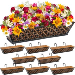 Geetery 8 Pack Window Railing Planter Deck Black Metal Hanging Flower Planter Basket Railing Window Basket with Coconut Liner for Patio Fence Porch Balcony Outdoor Indoor(30 Inch)