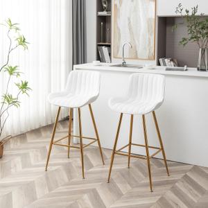 Sidanli Velvet Bar Stools with Gold Legs, Set of 2 Counter Height Stools for Kitchen Island, 24 Inch Modern Barstools with Swivel Leveling Feet, White 