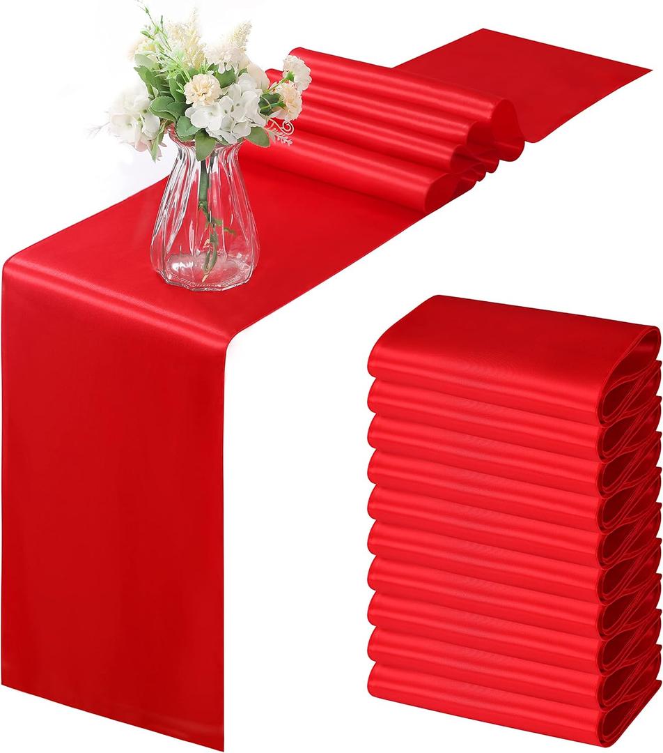 Horbaunal 12 Pack Red Satin Table Runner 12 x 108 Inch, Smooth Table Runners for Wedding Banquets Birthday Party