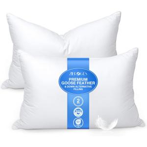 Goose Feather Pillow Queen Size Pack of 2 - Hotel Down Bed Pillows for Sleeping, Soft 600 Thread Count Cotton Cover, Fluffy Support Surround Fill Polyester for Back, Stomach, Side Sleepers