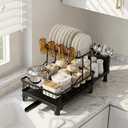 GSlife 2 Tier Dish Drying Rack with Drainboard, Expandable Large Dish Drainer for Kitchen Counter, Rust Resistant Dish Drainer with Cup Holder & Utensil Holder, 12.6" W x 18.7"-25.2" L, Black