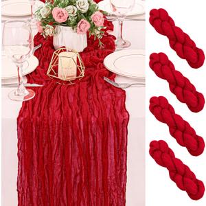 4 Pack 120 Inch Red Cheesecloth Table Runner Boho Rustic Gauze Sheer Romantic 10 FT Long Cheese Cloth Table Runner for Bridal Baby Shower Wedding Party Birthday Holiday Home Easter Decor
