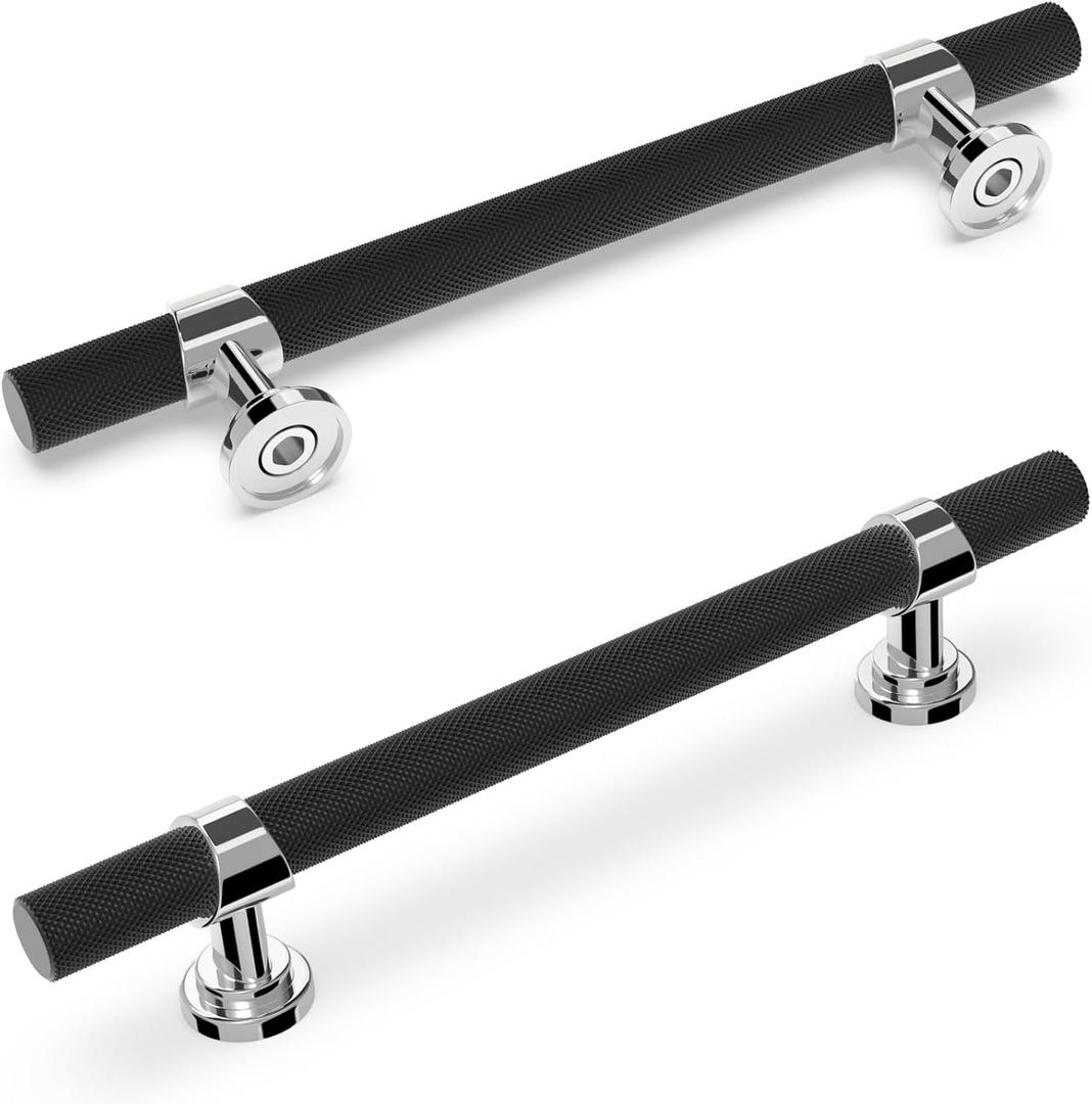 10 Pack 5 Inch Cabinet Pulls knurled Matte Black and Polished Chrome Kitchen Cabinet Handles Aluminum and Zinc Alloy Drawer Pulls Solid Cabinet Hardware