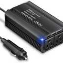 300W Power Inverter 12V DC to 110V AC Car Plug Adapter Outlet Converter with 3A/ 2.4A USB AC Car Charger for Laptop Computer, Road Trip Essentials Camping Accessories Black