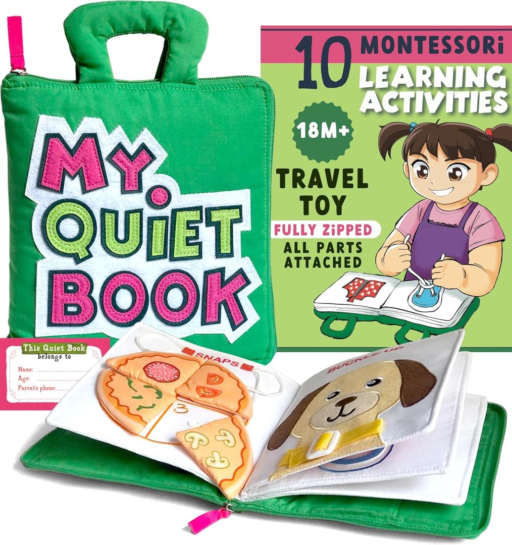 My Quiet Book - Toddler Plane Activities, Car Airplane Montessori Busy Board Book for Toddlers 1-3 - No Parts to Get Lost - Gifts for 1 2 3 4 Year Old Girl, Birthday Gifts Toys Age 2-4 (Green)